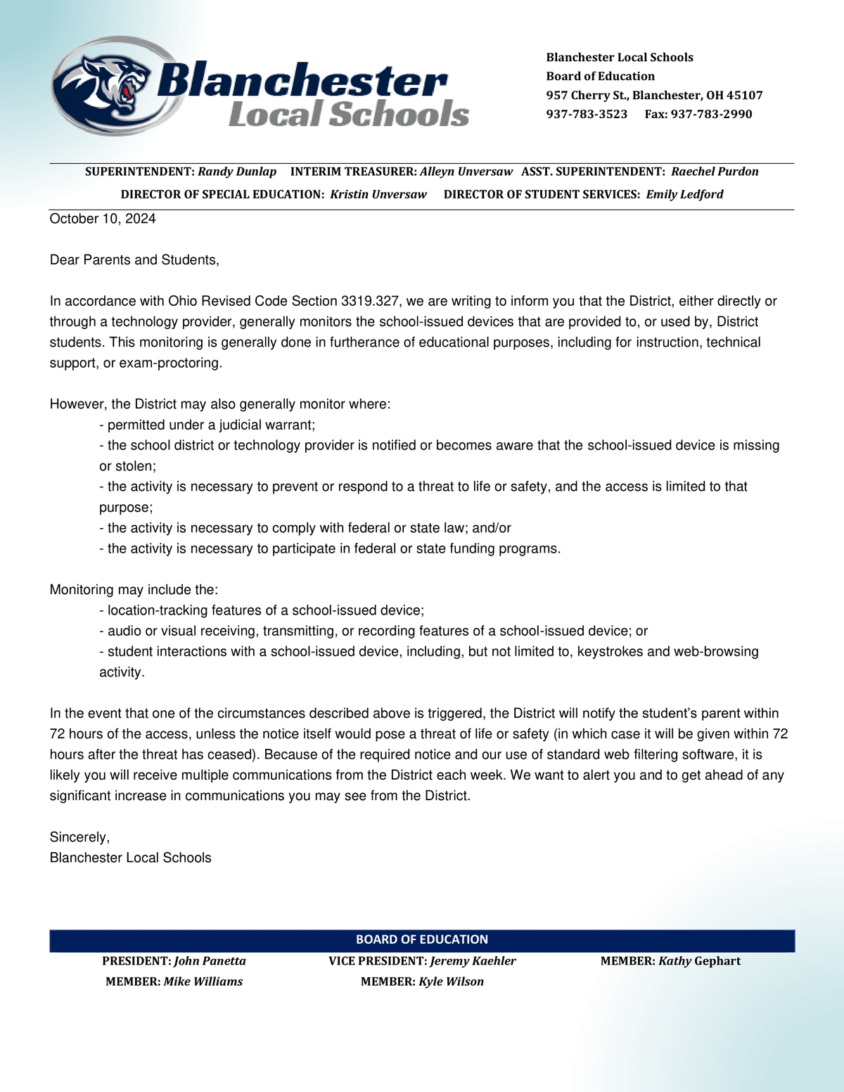 Notice of student device monitoring and changes of district notifications of monitoring.